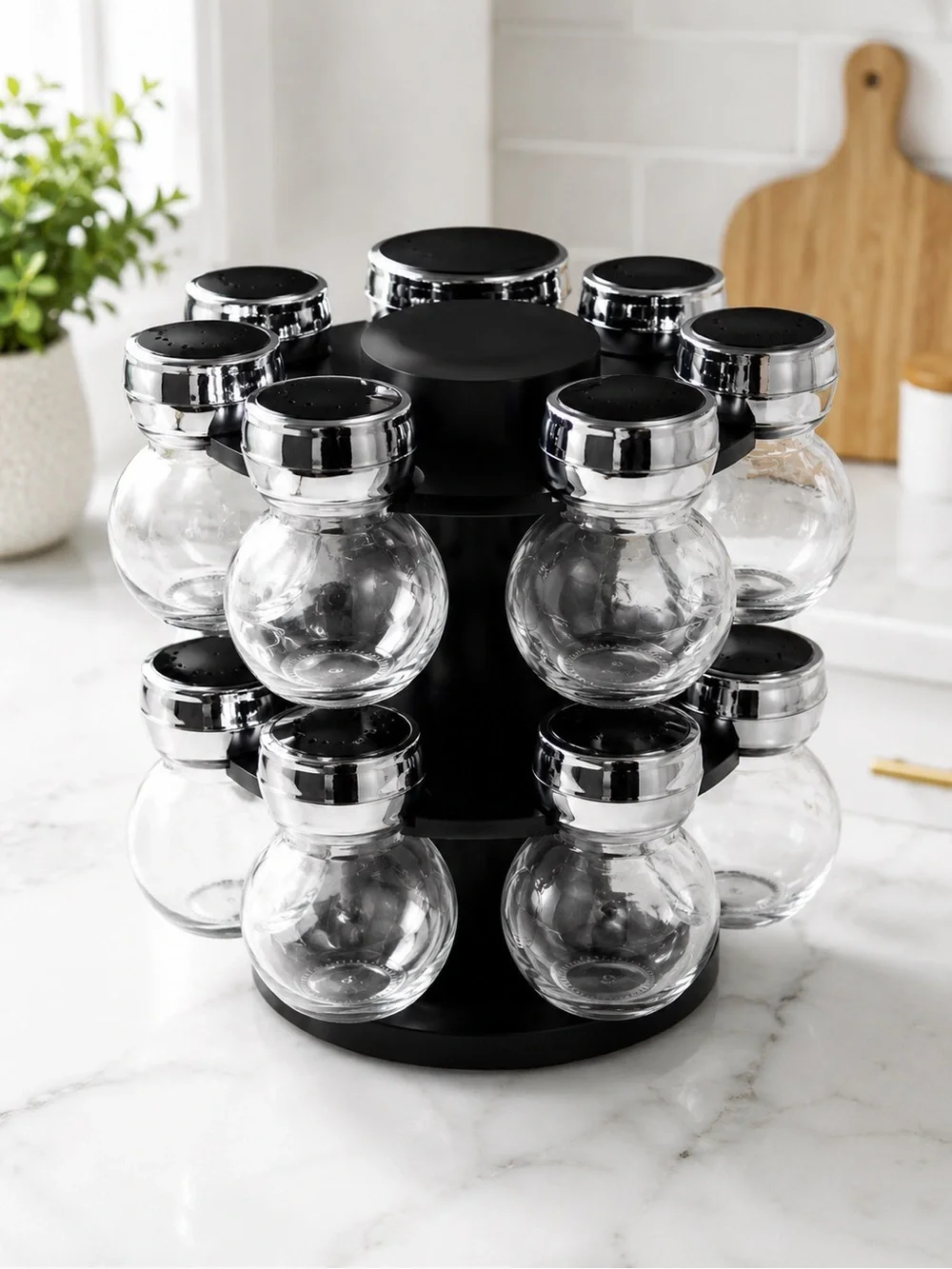 Black Rotating Spice Rack Set with Glass Jars - Sleek Kitchen Organizer-NWT